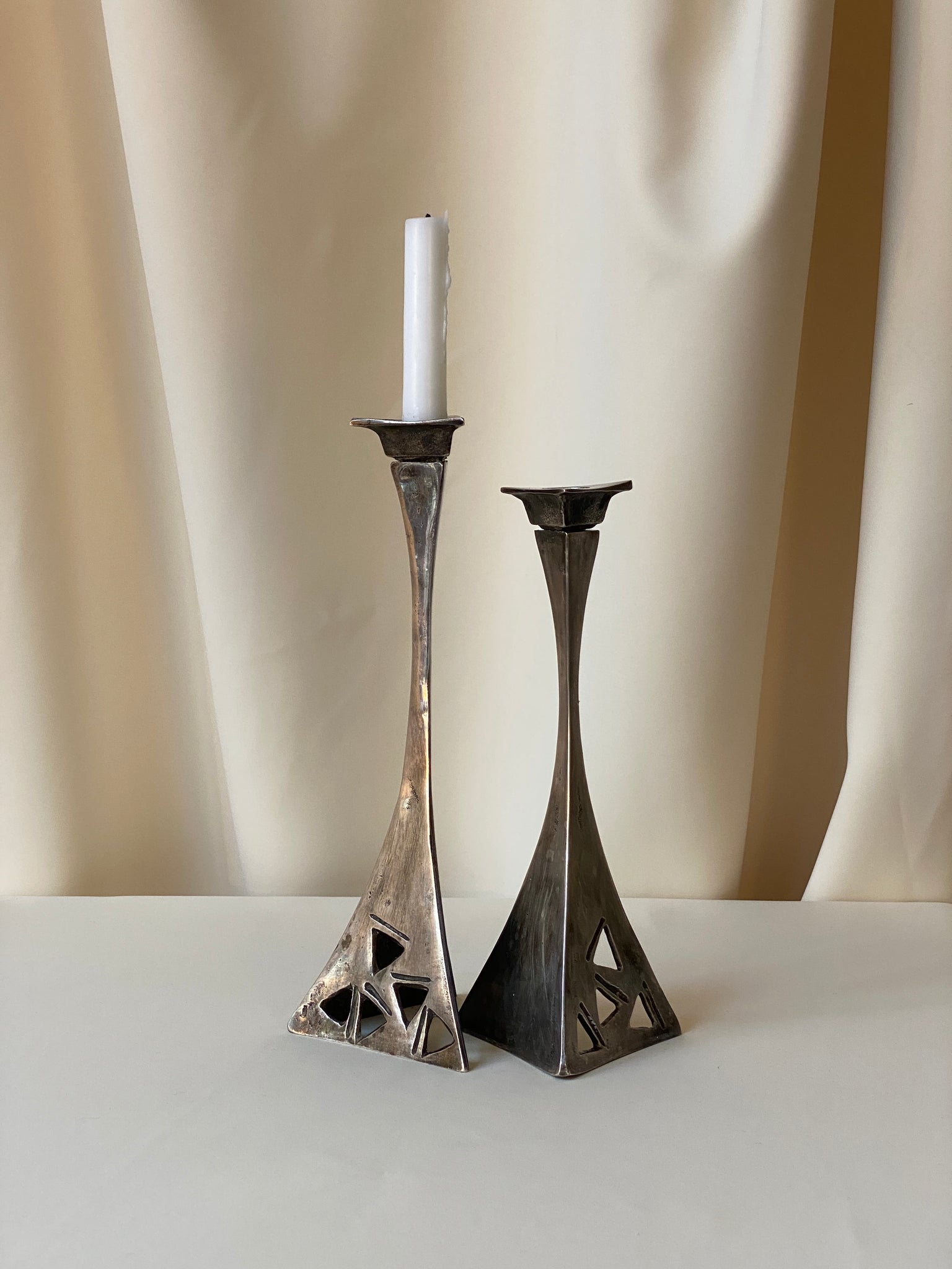 Brutalist silver plated candle holder, Set of 2