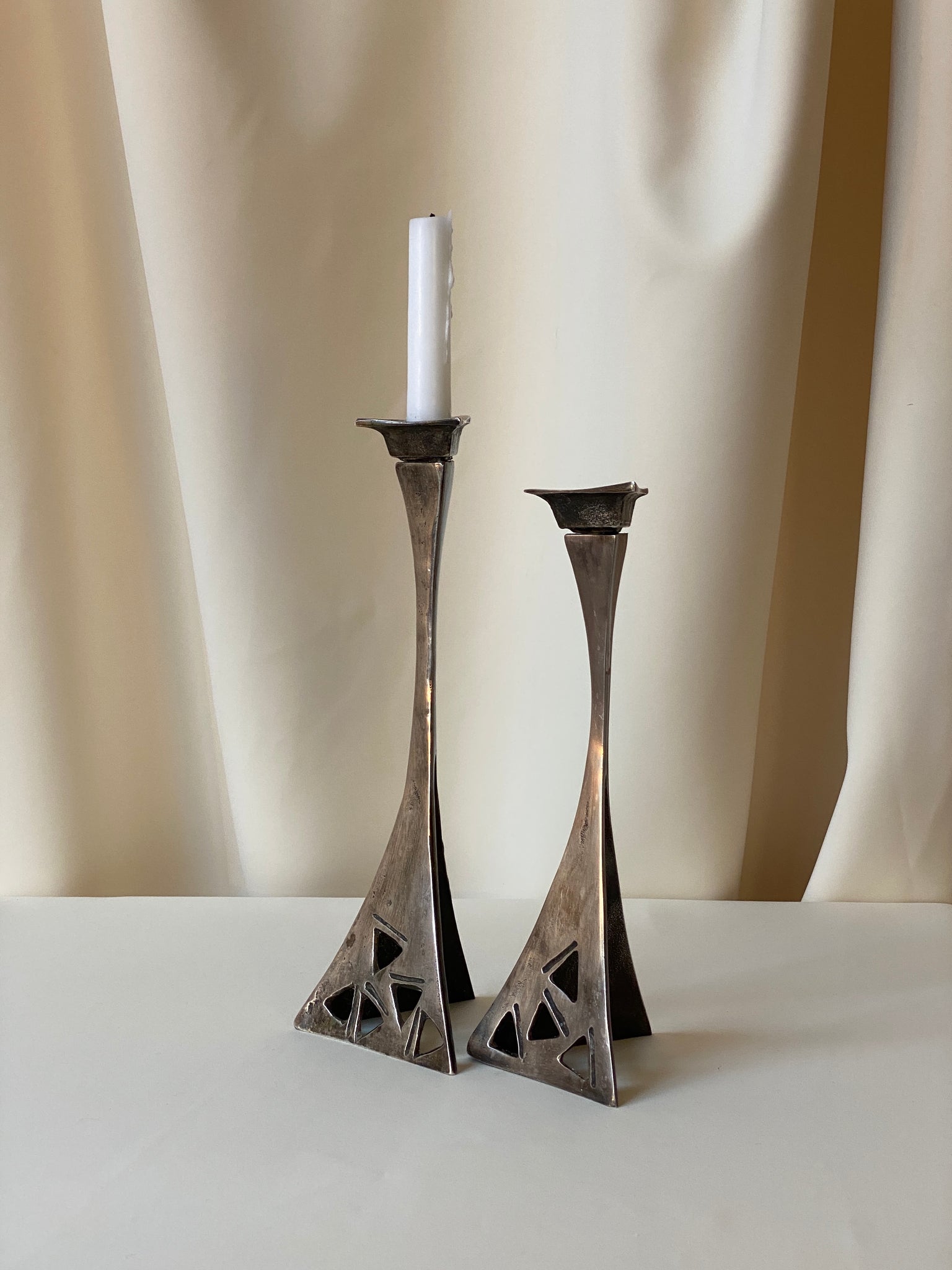 Brutalist silver plated candle holder, Set of 2