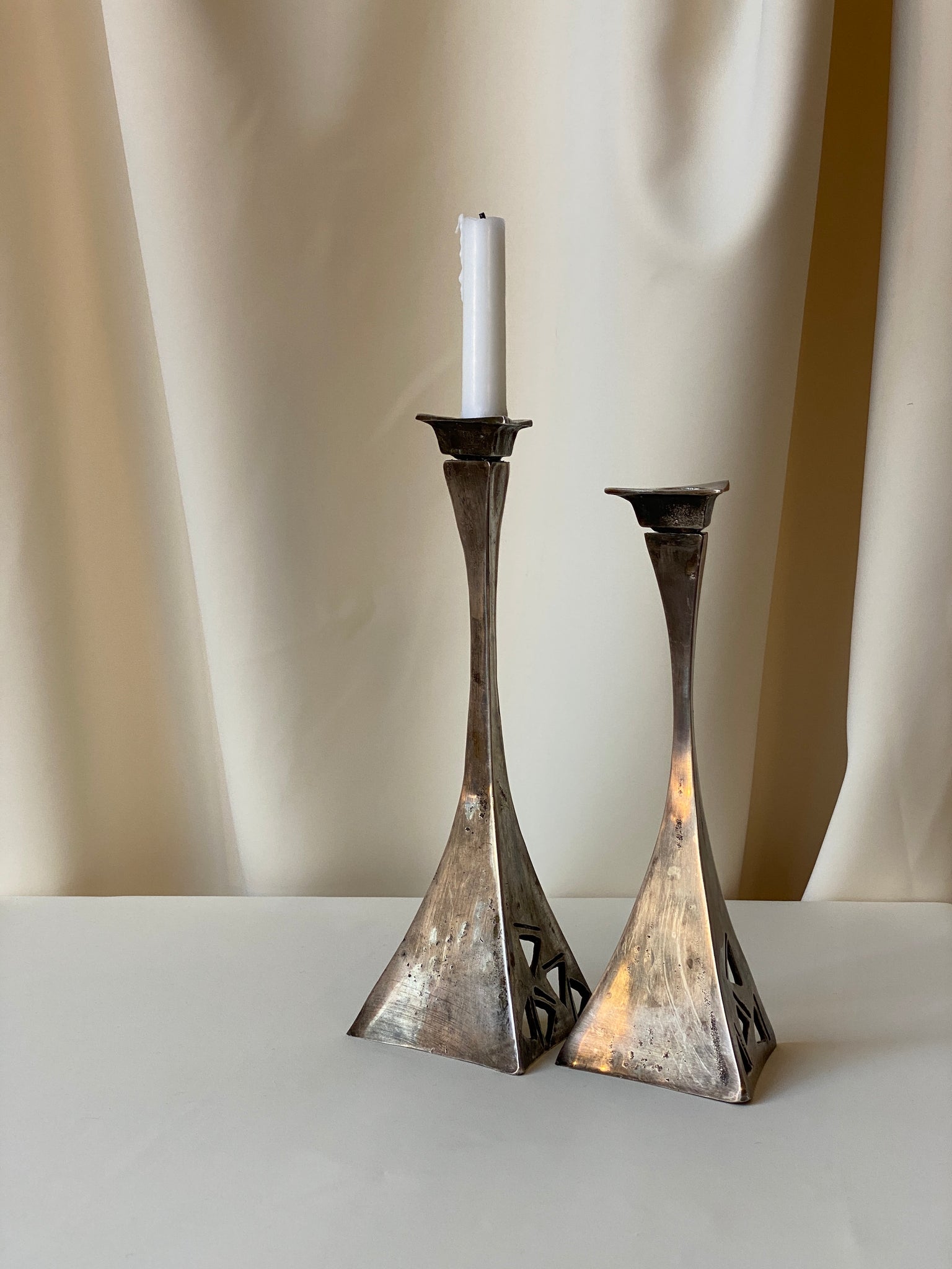 Brutalist silver plated candle holder, Set of 2