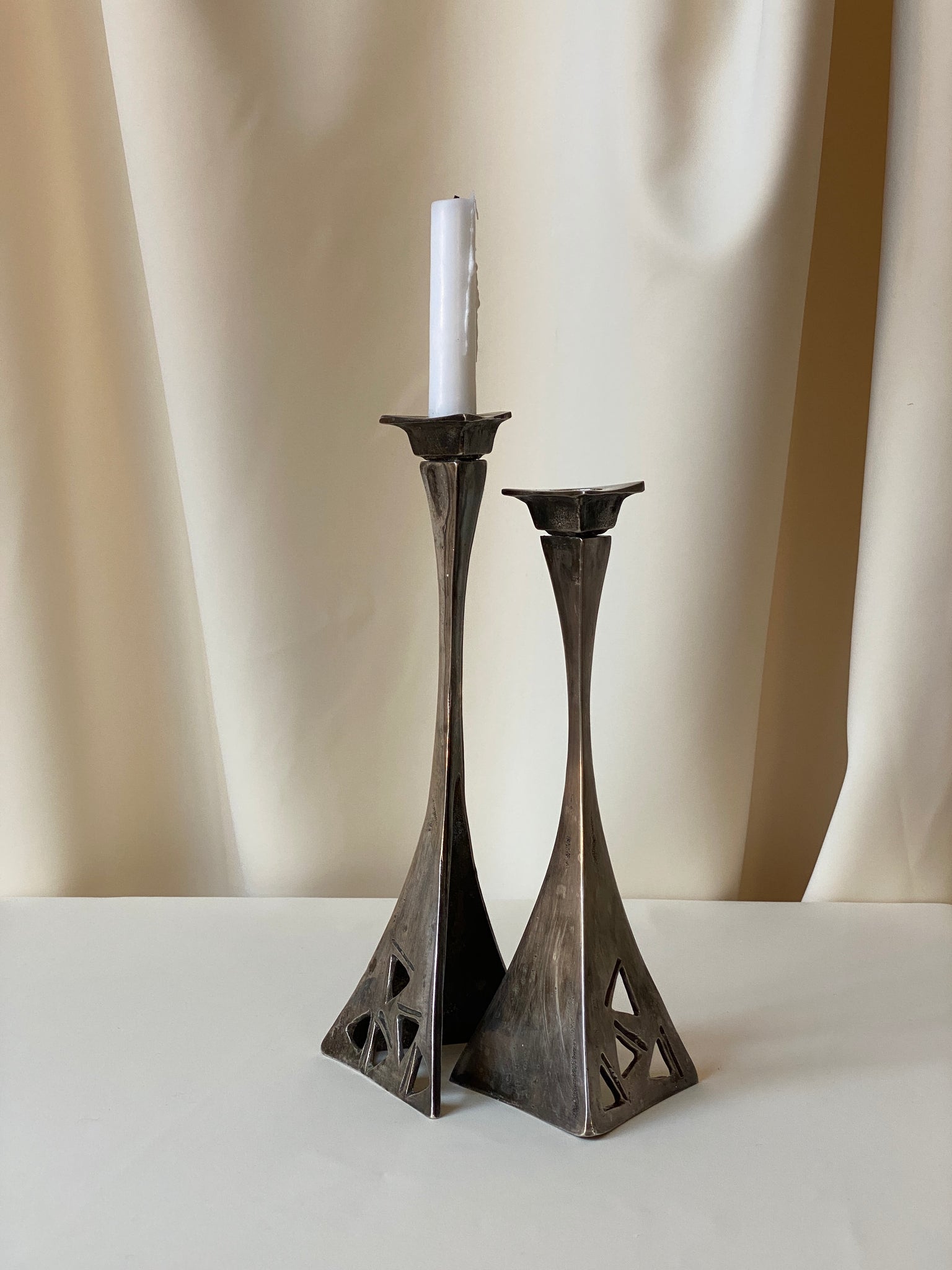 Brutalist silver plated candle holder, Set of 2